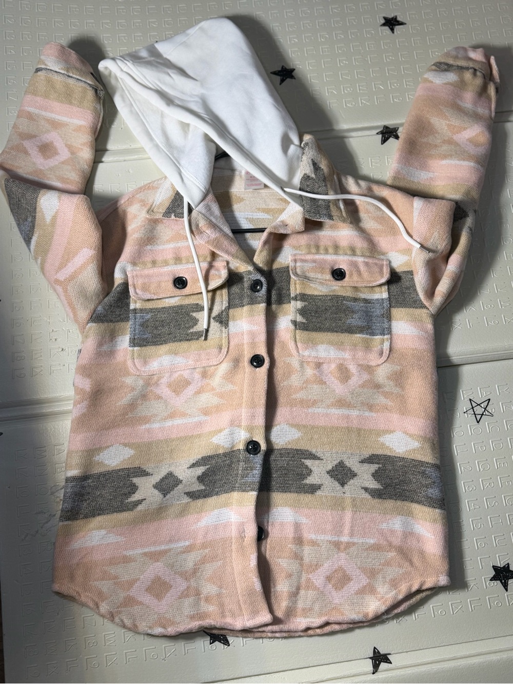 No Boundaries Hooded Aztec Button-Up Jacket in Pink, White & Gray